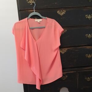 Michael Kors Coral Pink Ruffle V-Neck Blouse